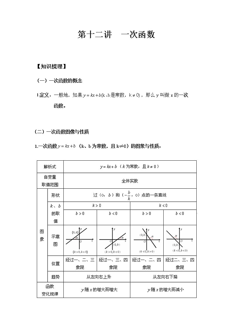 八年级人教版数学下册同步讲义 第十二讲 一次函数01