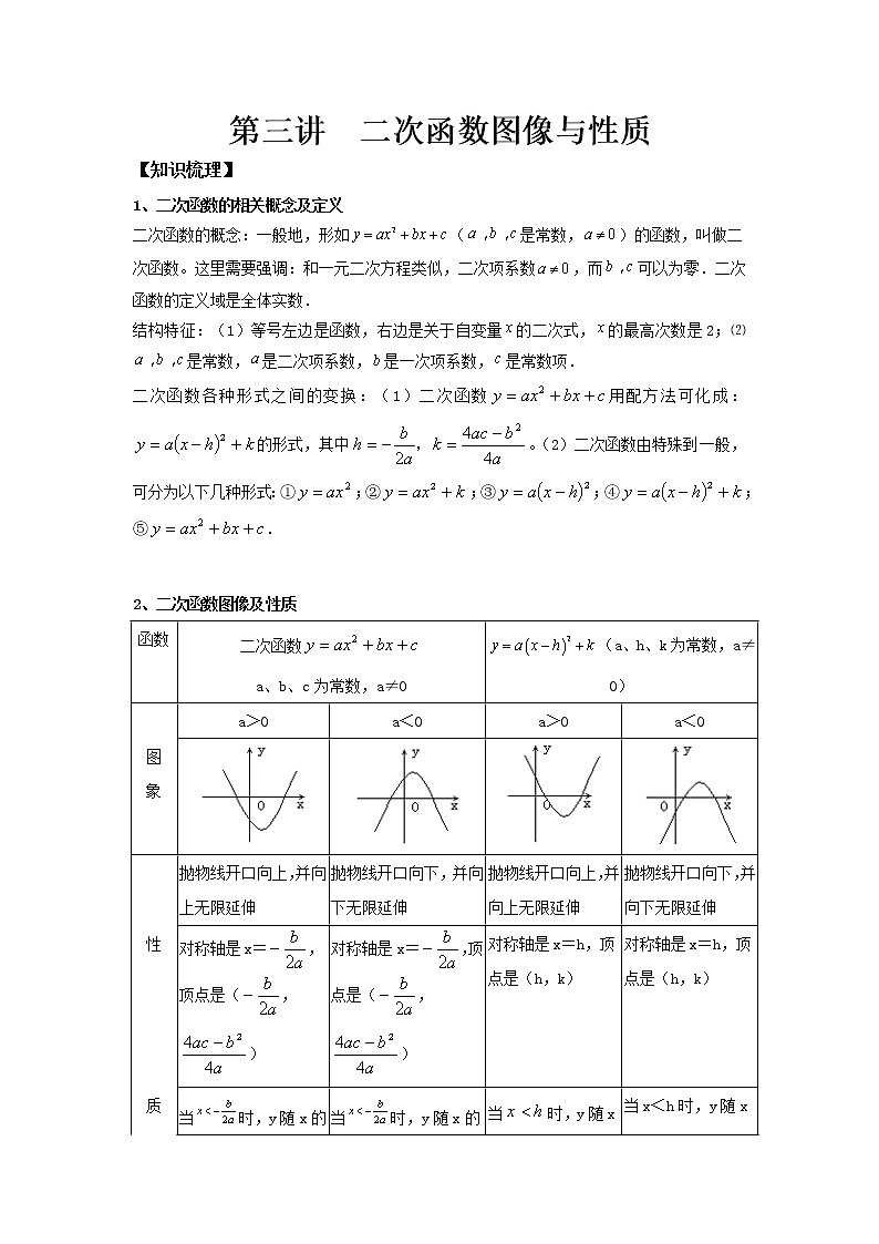 九年级上册人教版数学同步讲义 第三讲  二次函数图像与性质第1页