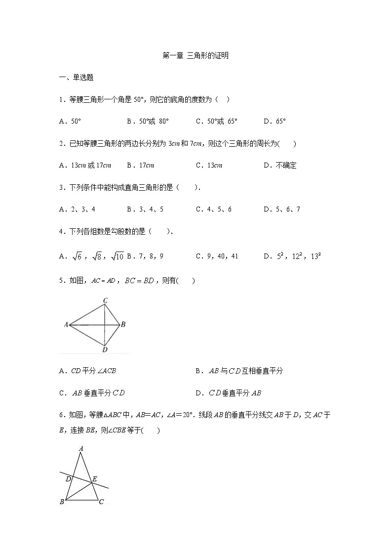 北师大版八年级数学下册第一章 三角形的证明练习（无答案）第1页