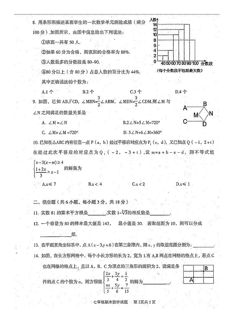 湖北省武汉市蔡甸区2021-2022学年七年级下学期期末考试数学试卷（无答案）第2页