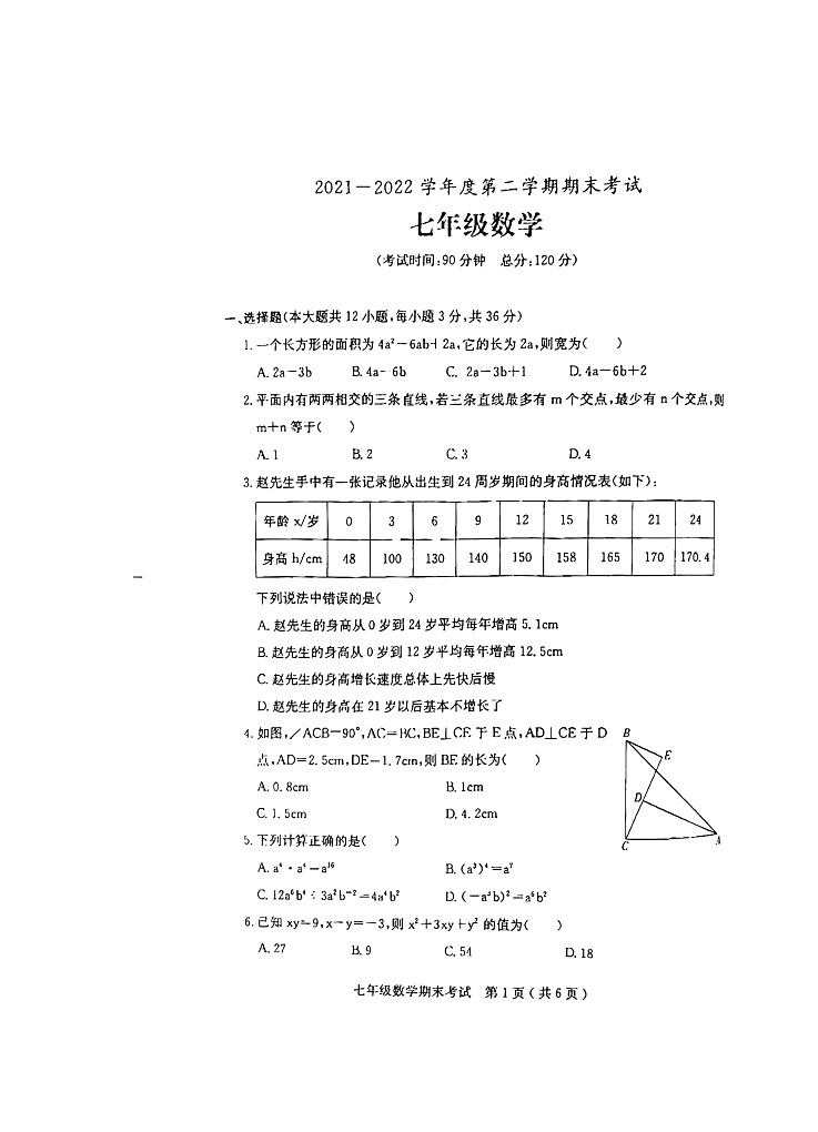 广东省茂名市电白区2021-2022学年七年级下学期期末考试数学试题（含答案）第1页