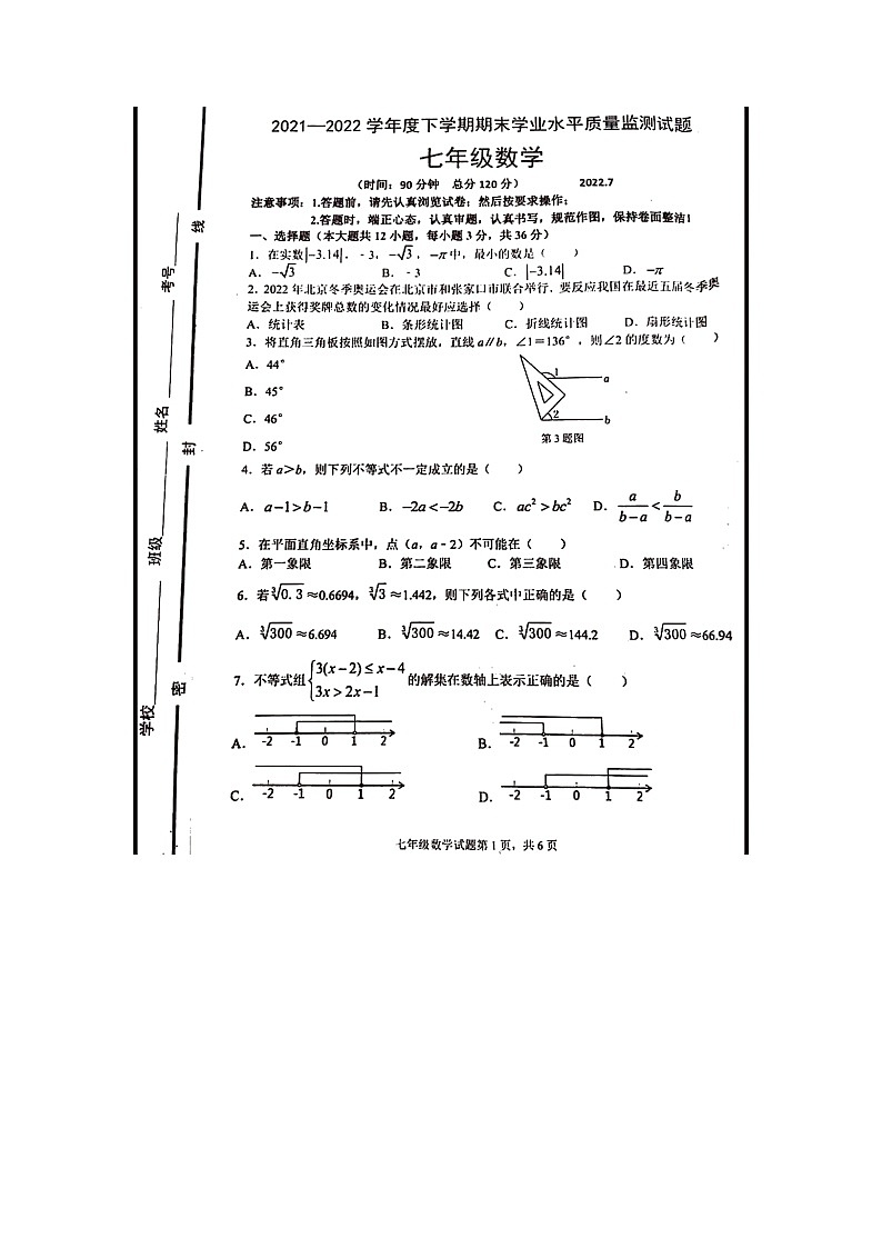 山东省临沂市罗庄区2021--2022学年七年级下学期期末试卷（无答案）第1页