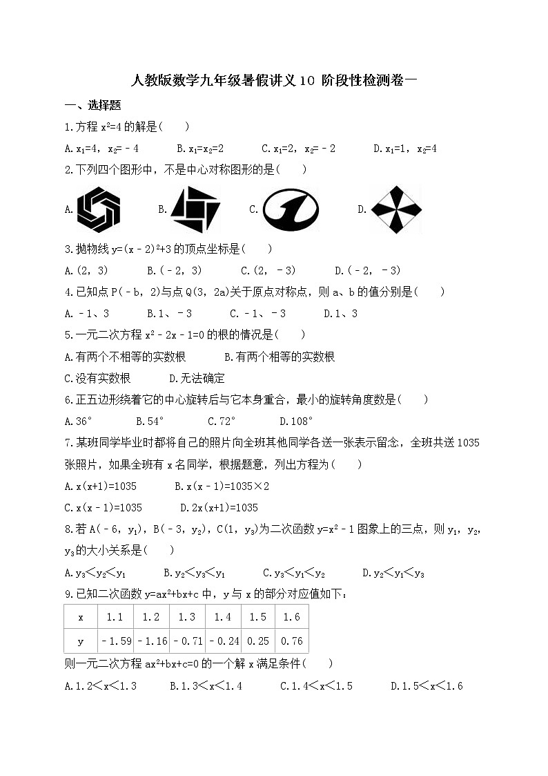 (辅导班专用)人教版数学九年级暑假讲义+课堂小测(提高班)10 阶段性检测卷一（学生版）第1页