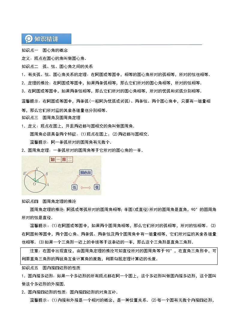 (辅导班专用)人教版数学九年级暑假讲义+课堂小测(提高班)12《圆心角和圆周角》（学生版）第2页