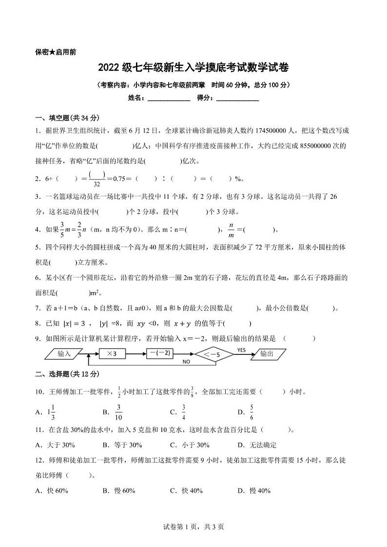 江苏地区2022级七年级新生入学摸底考试（分班考）数学试卷九【试卷+答案】01