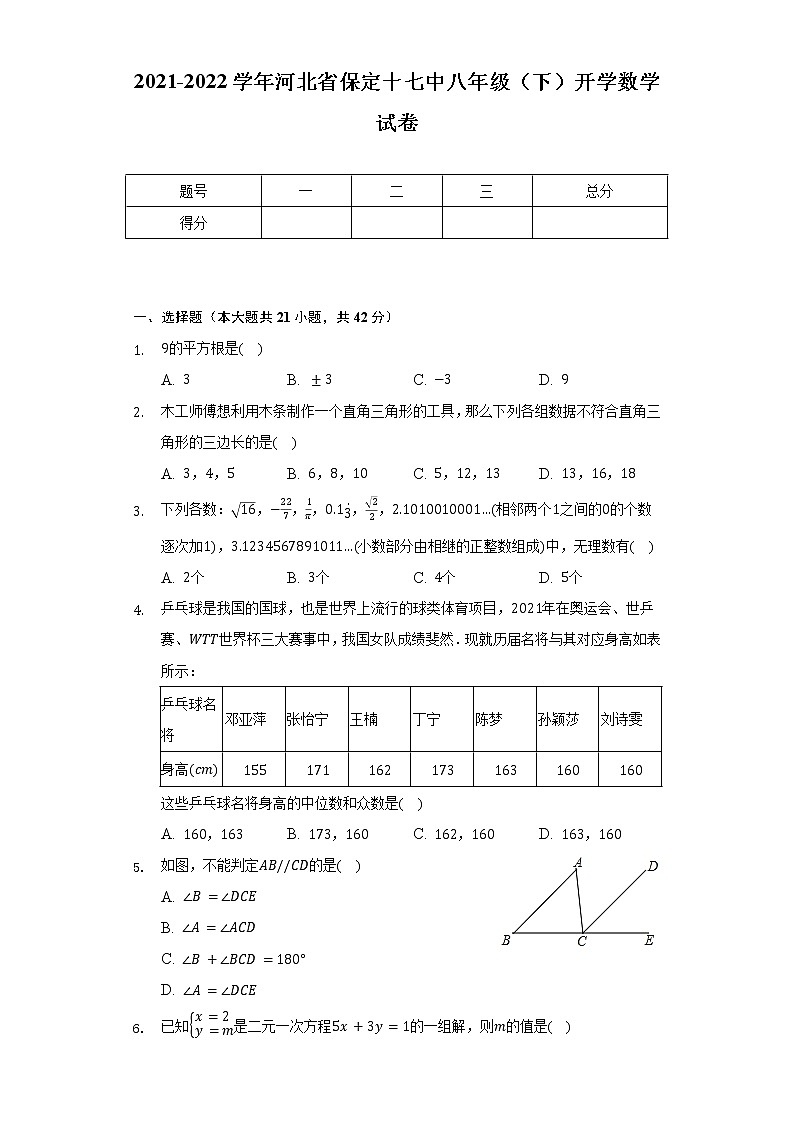 2021-2022学年河北省保定十七中八年级（下）开学数学试卷（含解析）第1页