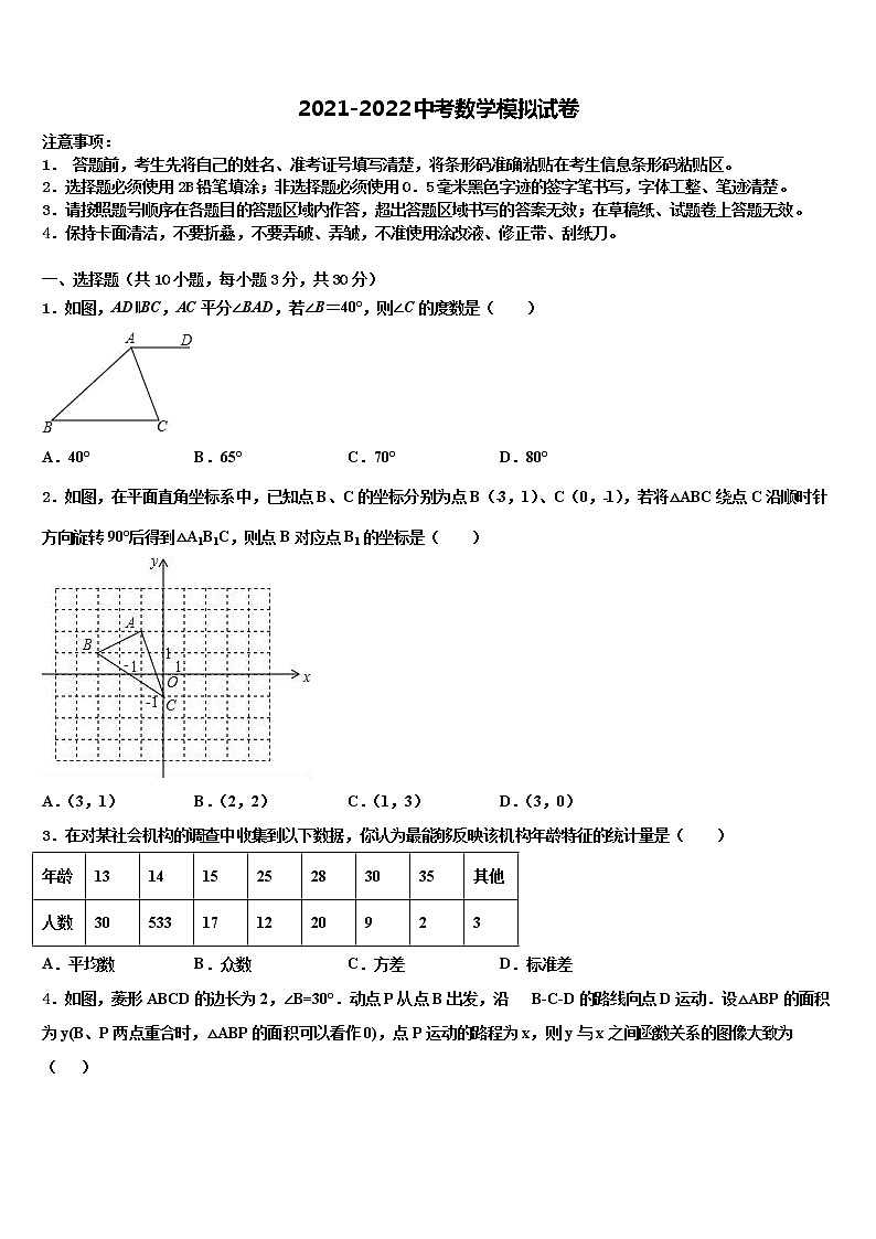 2021-2022学年江苏省盐城市东台市第七联盟重点达标名校中考数学最后冲刺模拟试卷含解析第1页