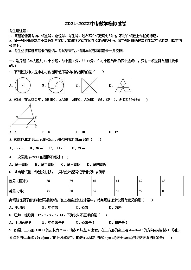 2022届安徽省黄山市屯溪区第四中学中考数学对点突破模拟试卷含解析第1页