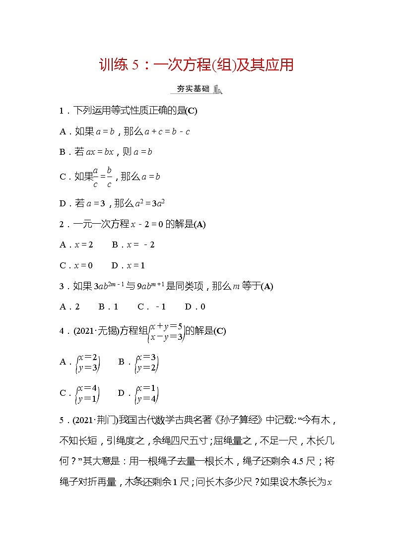 2022年浙江省中考数学复习训练5：一次方程(组)及其应用(含答案)第1页