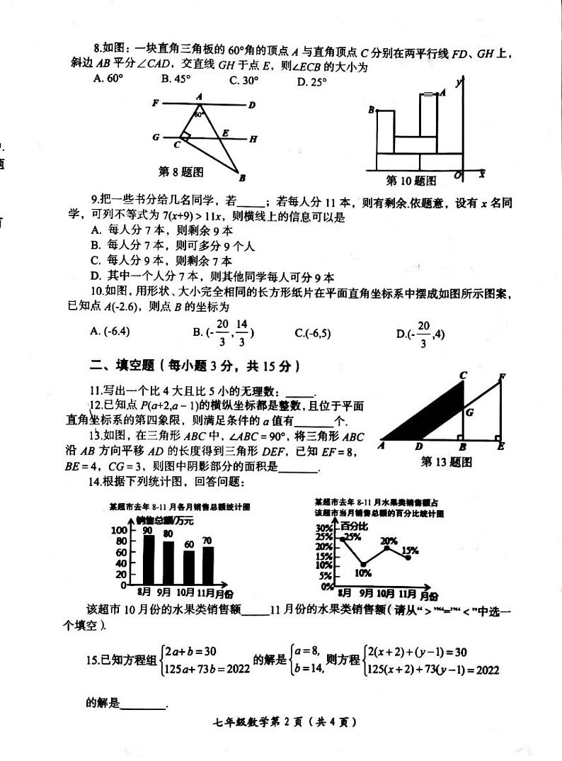 2022河南省洛阳市七年级下学期期末数学试卷及答案第2页