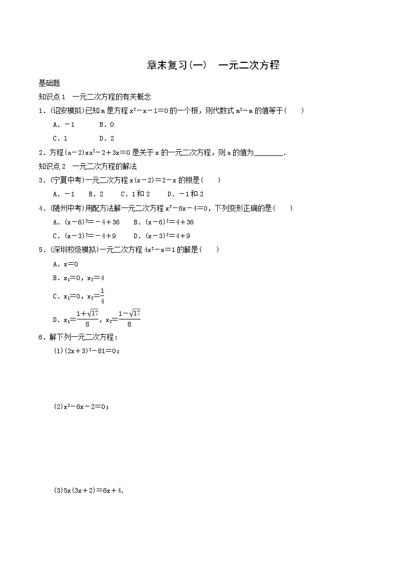 人教版九年级数学上册第21章一元二次方程章末复习一同步练习含答案01
