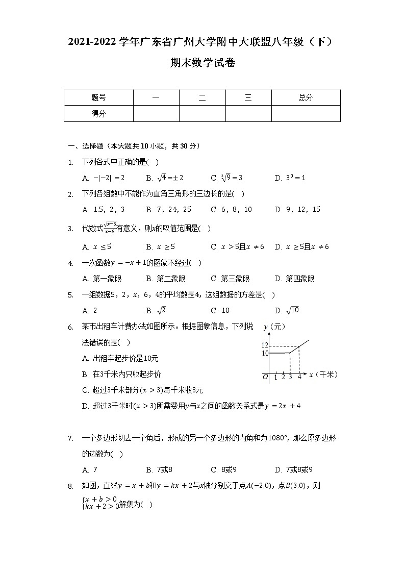 2021-2022学年广东省广州大学附中大联盟八年级（下）期末数学试卷（含解析）01