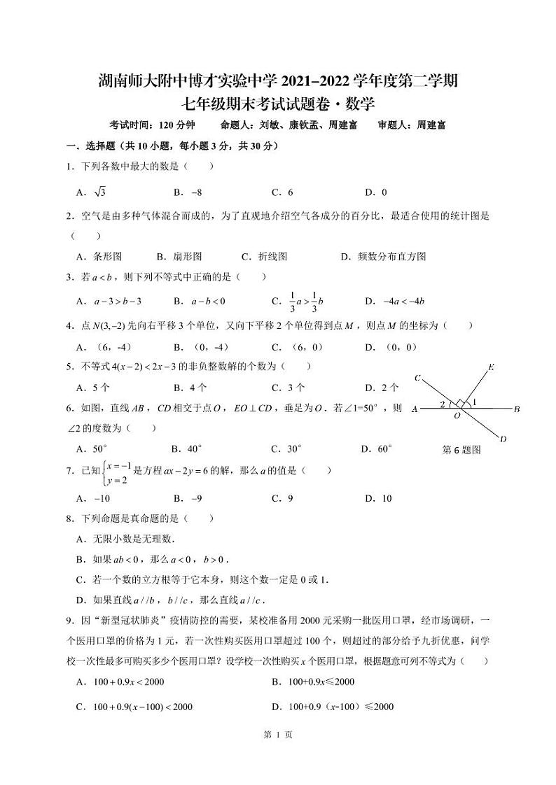 湖南师大附中博才实验中学 2021-2022 学年度七年级第二学期期末考试数学试卷第1页