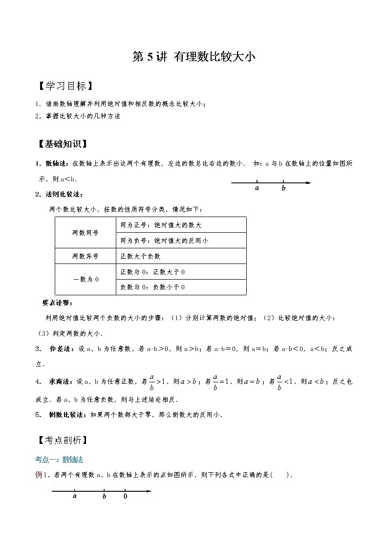 第5知 有理数的大小比较-【暑假学易知】七年级数学暑假精品课程（华师大版）（原卷版+解析版）01