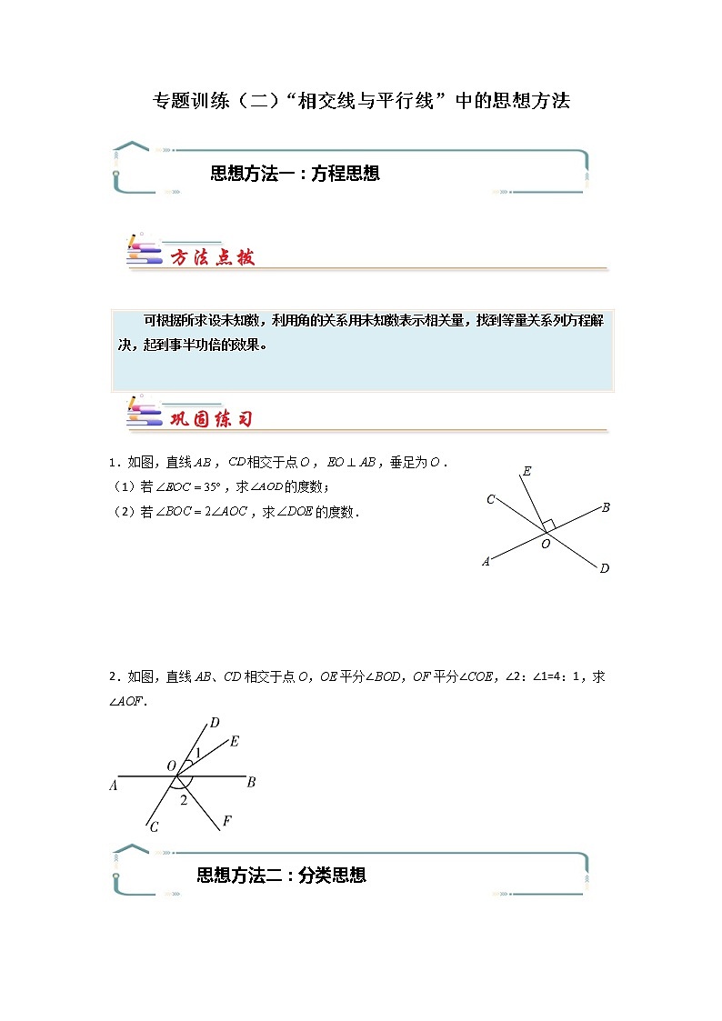 专题02 “相交线与平行线”中的思想方法-【专题突破】2021-2022学年七年级数学下学期重难点及章节分类精品讲义(人教版)01