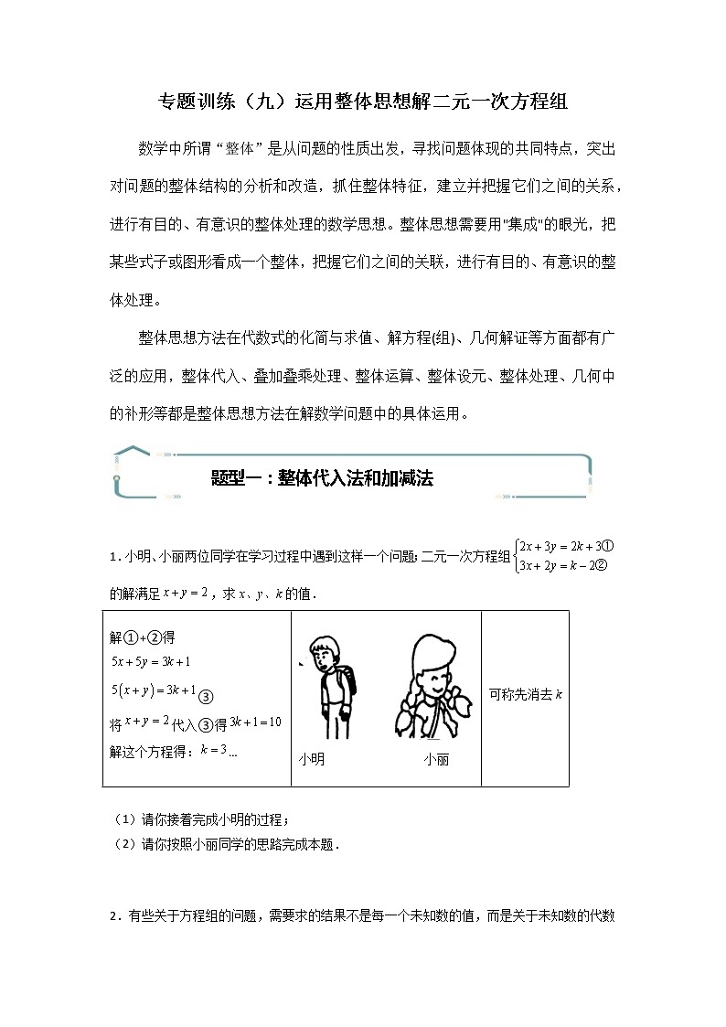 专题09 运用整体思想解二元一次方程组-【专题突破】2021-2022学年七年级数学下学期重难点及章节分类精品讲义(人教版) (原卷版)第1页
