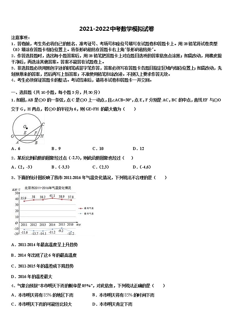2022届山东省青岛4中重点达标名校中考数学全真模拟试卷含解析第1页