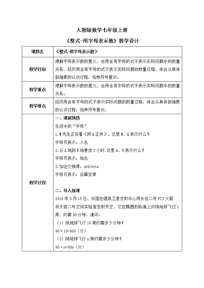 人教版七上数学2.1《整式—用字母表示数》第一课时课件+教案01