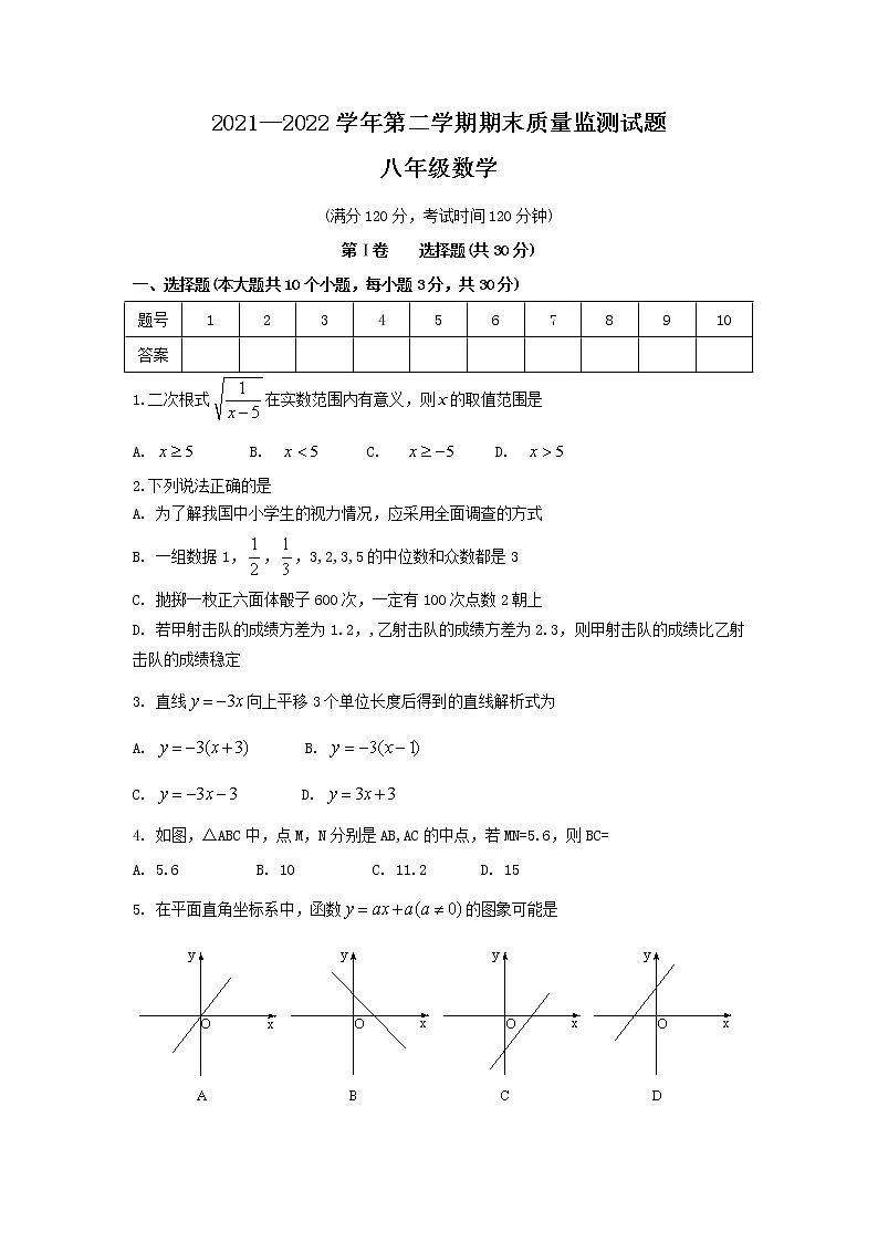山西省吕梁市交城县2021-2022学年八年级下学期期末检测数学试题(word版含答案)第1页