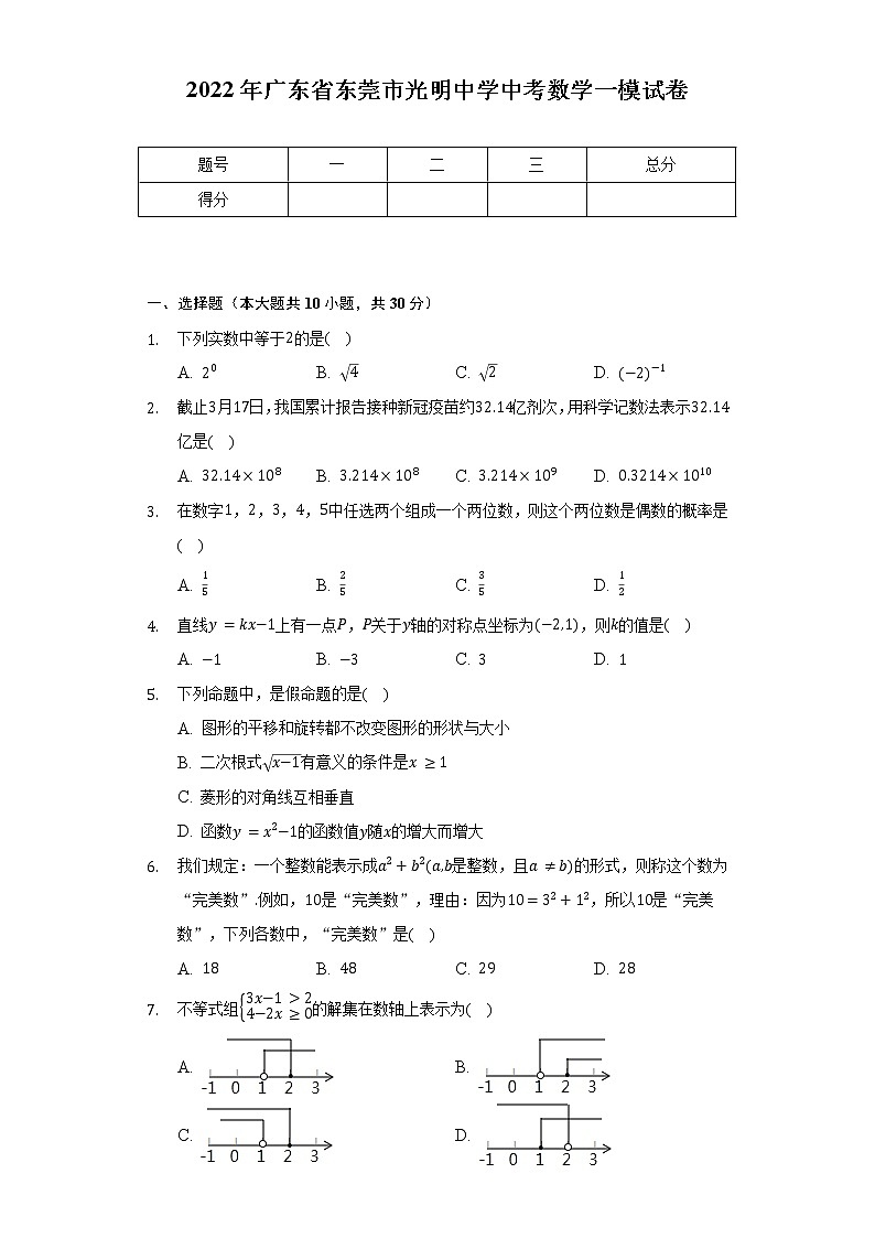 2022年广东省东莞市光明中学中考数学一模试卷（含解析）01