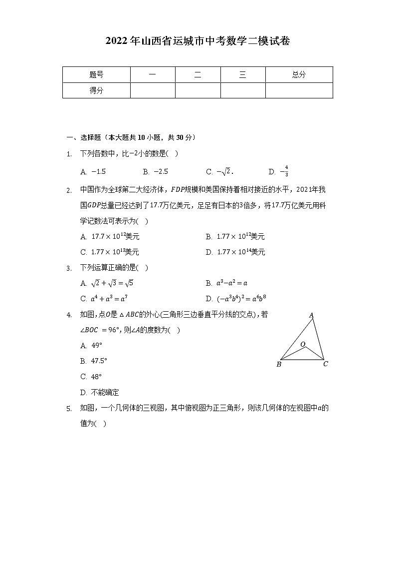 2022年山西省运城市中考数学二模试卷（含解析）01