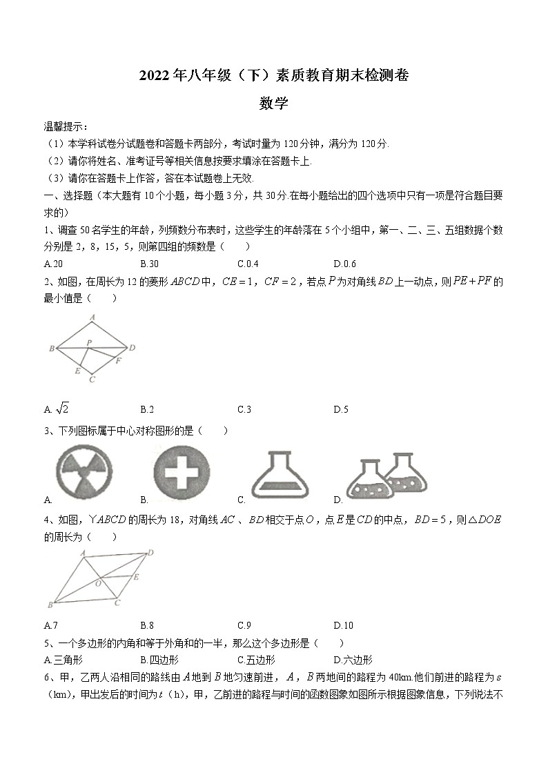 湖南省邵阳市2021-2022学年八年级下学期期末数学试题(word版无答案)第1页
