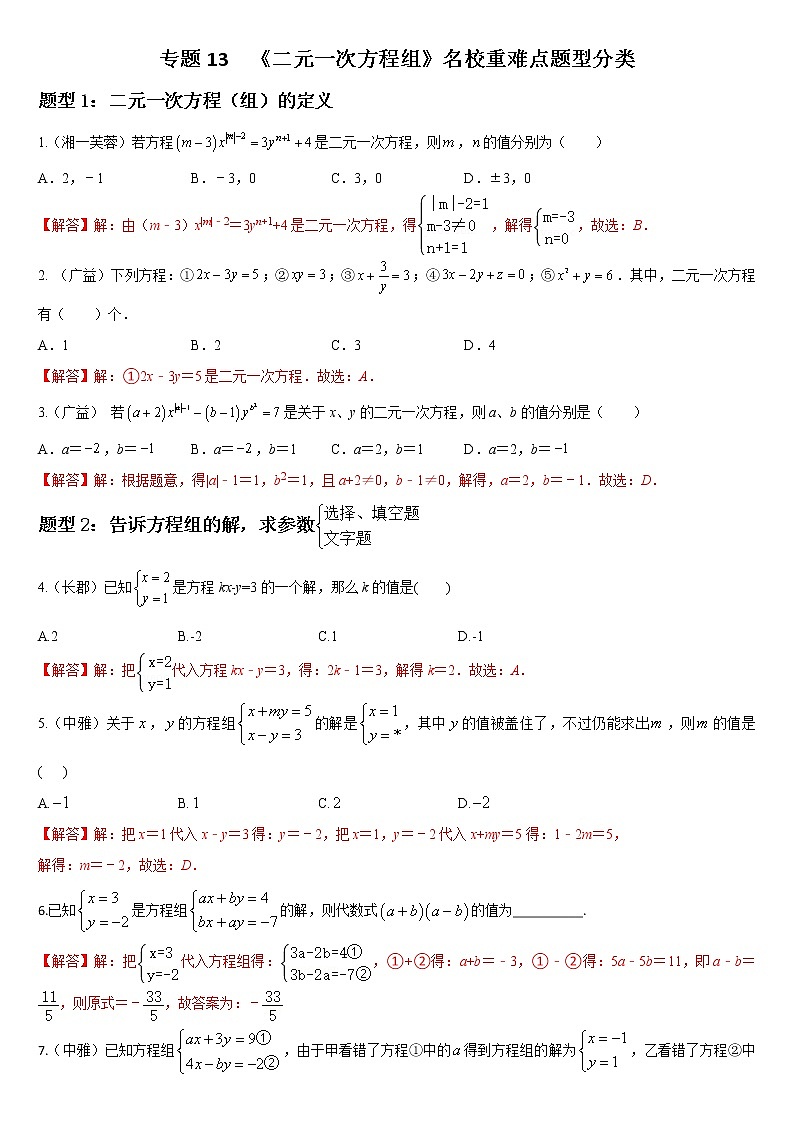 人教版下册七年级数学章节重难点题型高分突破 专题13 二元一次方程组重难点题型分类01