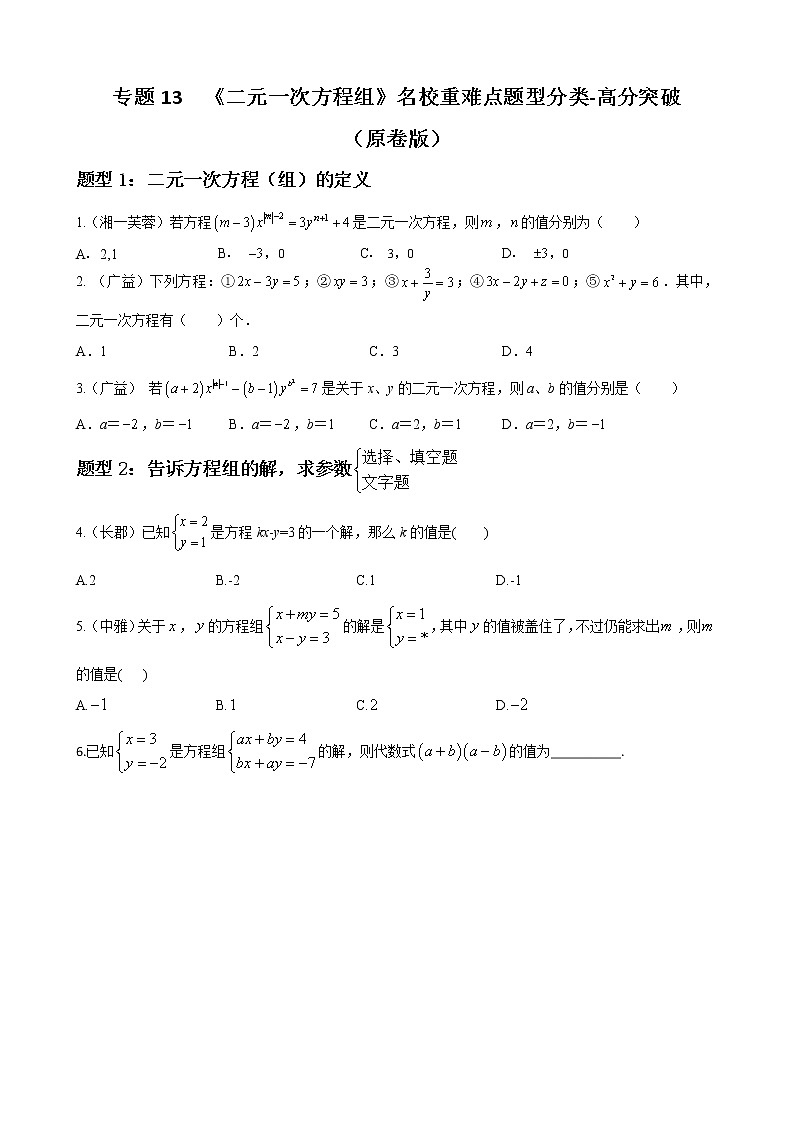 人教版下册七年级数学章节重难点题型高分突破 专题13 二元一次方程组重难点题型分类01