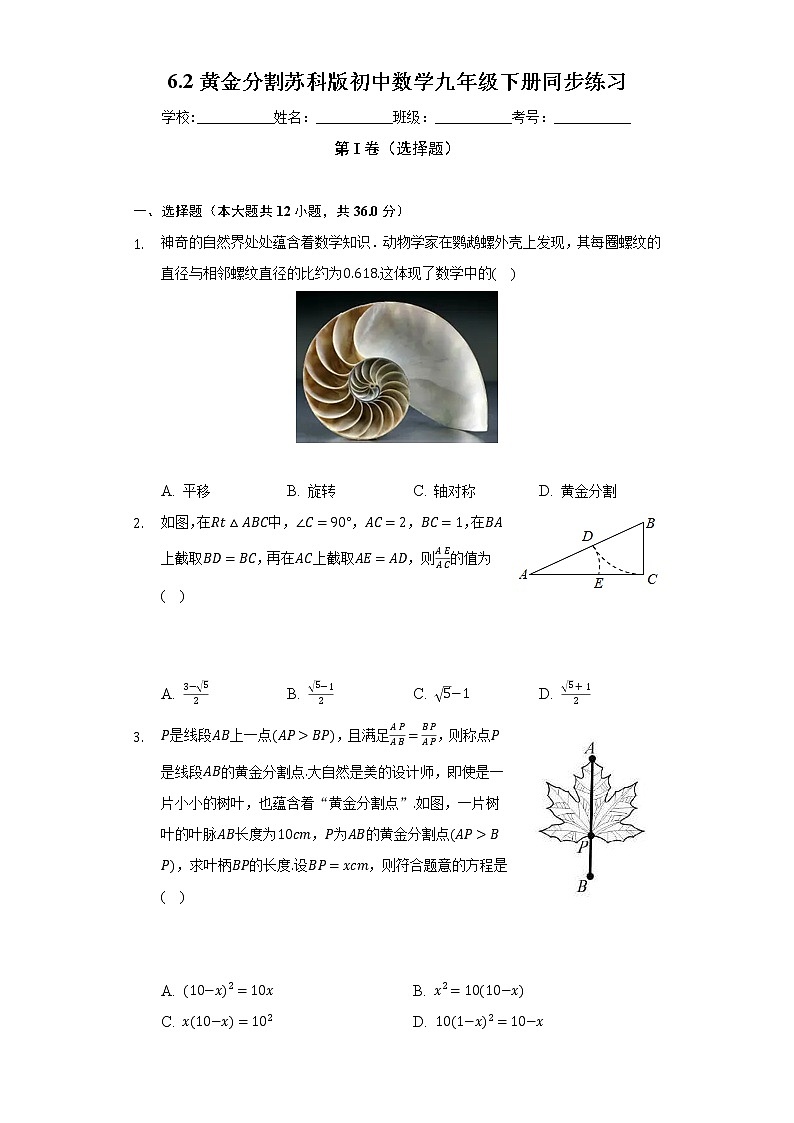 6.2黄金分割 苏科版初中数学九年级下册同步练习（含答案解析）01