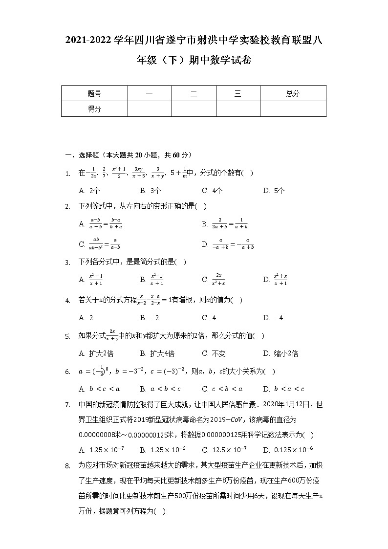 2021-2022学年四川省遂宁市射洪中学实验校教育联盟八年级（下）期中数学试卷（含解析）第1页