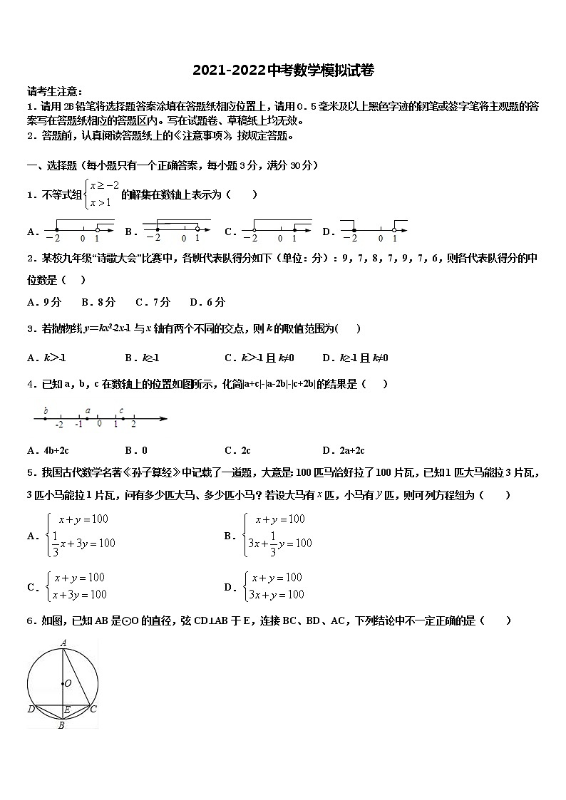 2022年白山市重点中学中考数学五模试卷含解析01