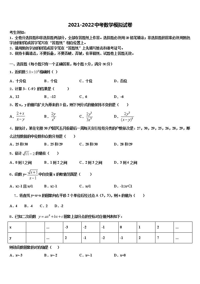 2022年河南省平顶山市卫东区重点名校中考数学最后一模试卷含解析01
