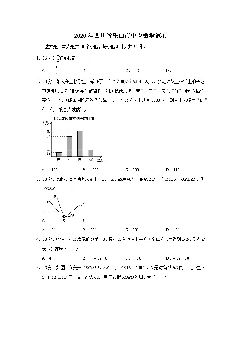 2020年四川省乐山市中考数学试卷第1页