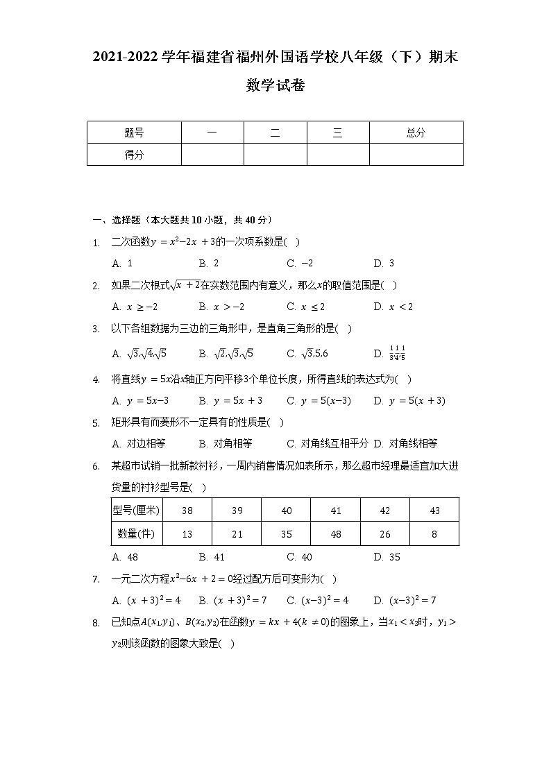 2021-2022学年福建省福州外国语学校八年级（下）期末数学试卷（含解析）第1页