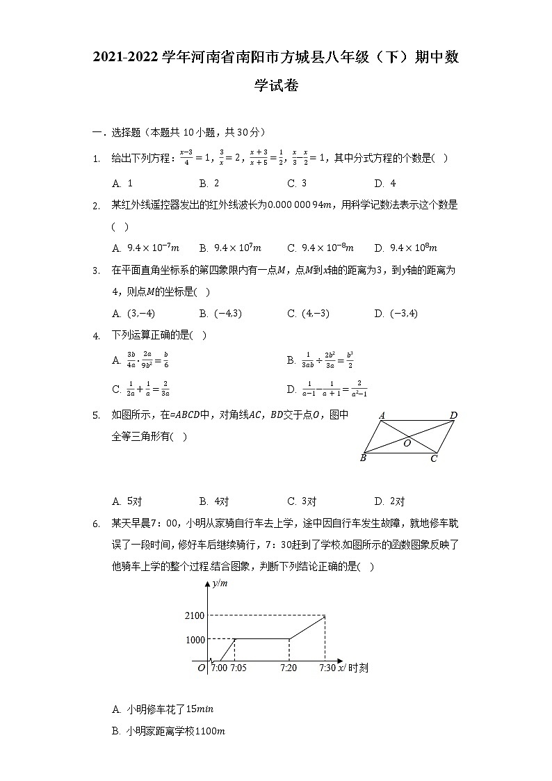 2021-2022学年河南省南阳市方城县八年级（下）期中数学试卷（含解析）第1页