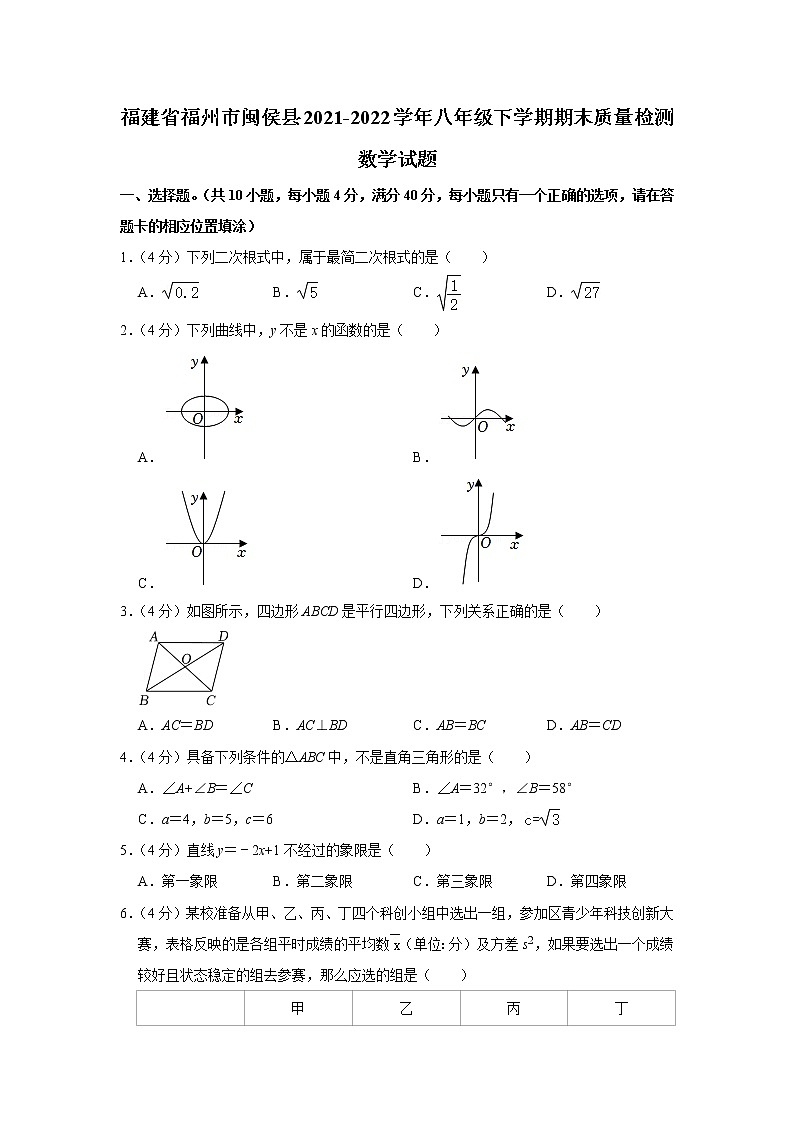 福建省福州市闽侯县2021-2022学年八年级下学期期末质量检测数学试题(word版含答案)第1页