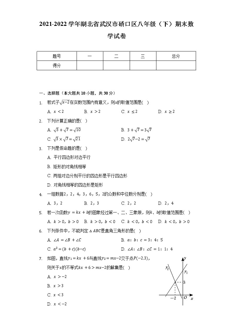 2021-2022学年湖北省武汉市硚口区八年级（下）期末数学试卷（含解析）01