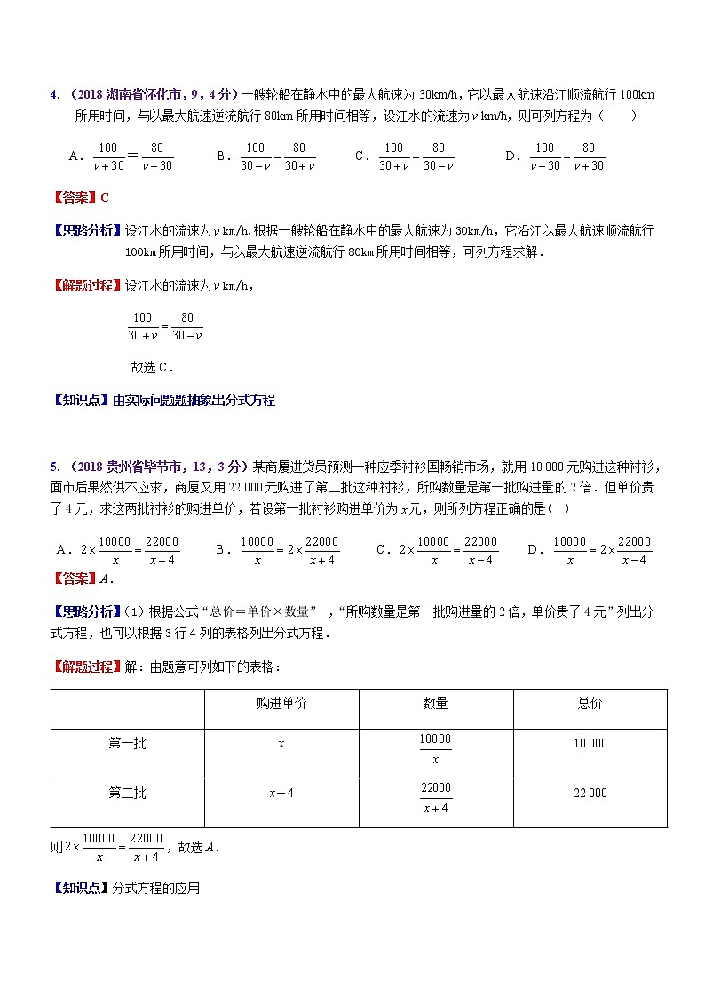 知识点09  分式方程及其应用2018--202