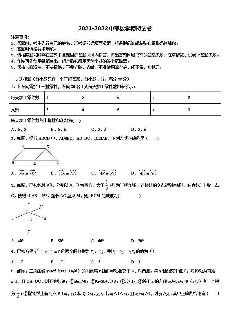 2022年湖南长沙市湘一芙蓉二中学中考数学仿真试卷含解析第1页
