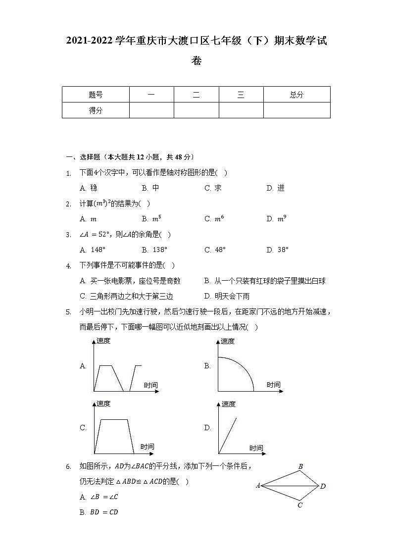 2021-2022学年重庆市大渡口区七年级（下）期末数学试卷（含解析）01