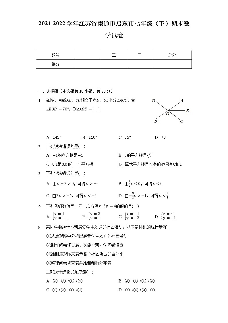 2021-2022学年江苏省南通市启东市七年级（下）期末数学试卷（含解析）01