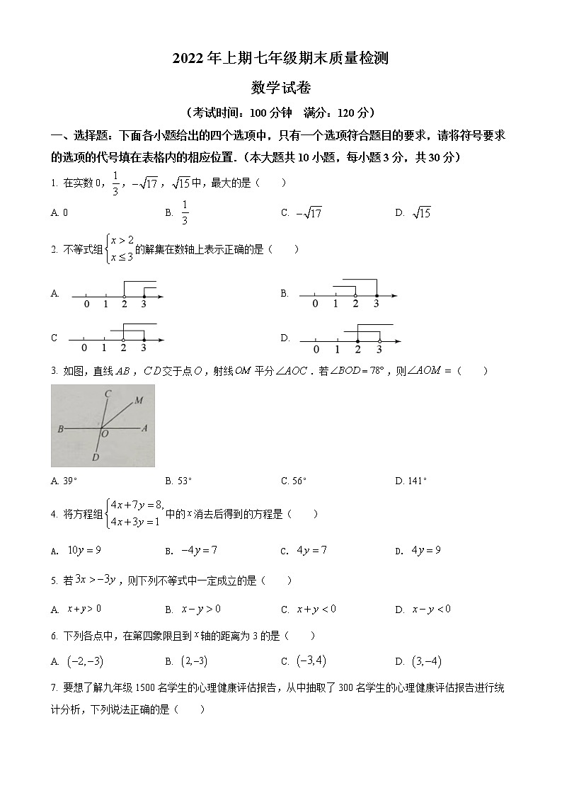 四川省广安市2021-2022学年七年级下学期期末数学试题(word版含答案)第1页