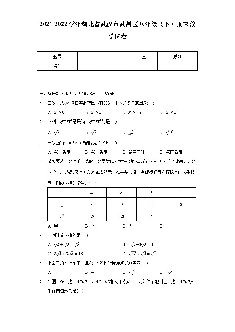 2021-2022学年湖北省武汉市武昌区八年级（下）期末数学试卷（Word解析版）01