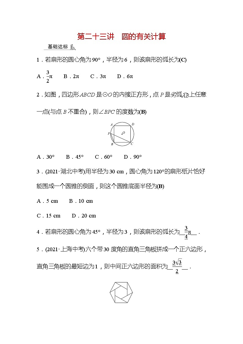 2022年广西桂林中考数学复习训练：第23讲 圆的有关计算(含答案)第1页