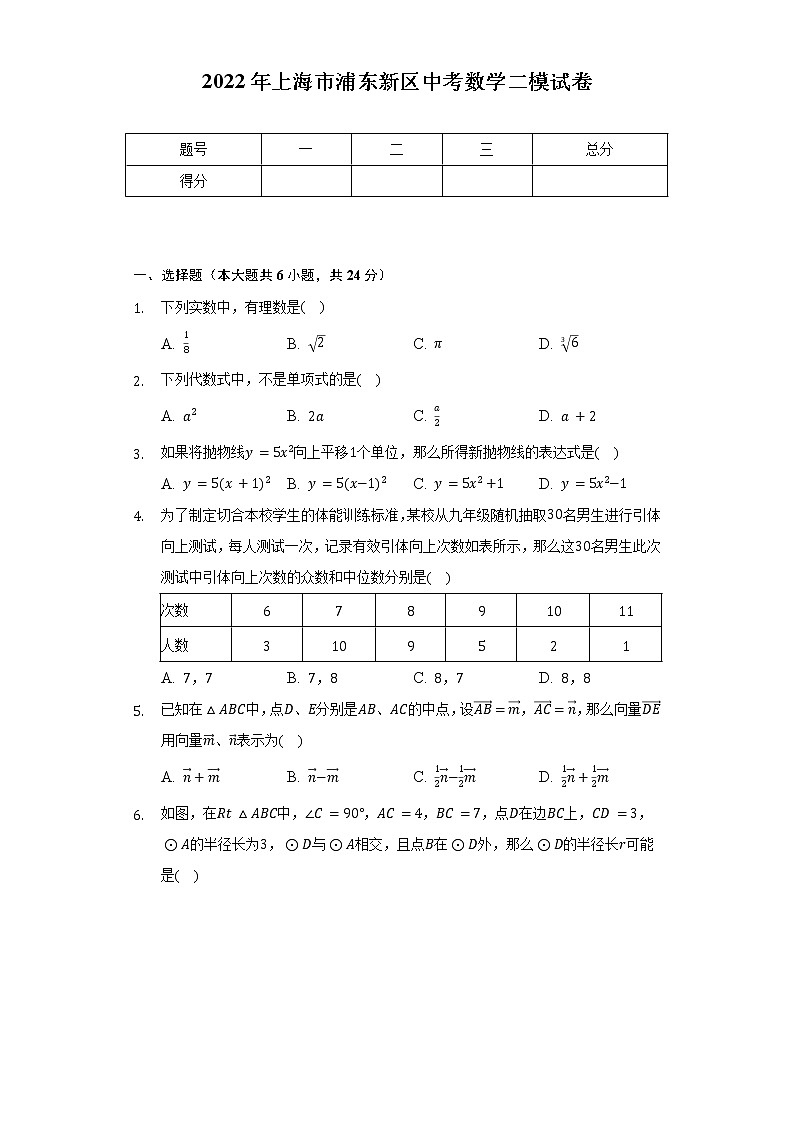 2022年上海市浦东新区中考数学二模试卷（Word解析版）01