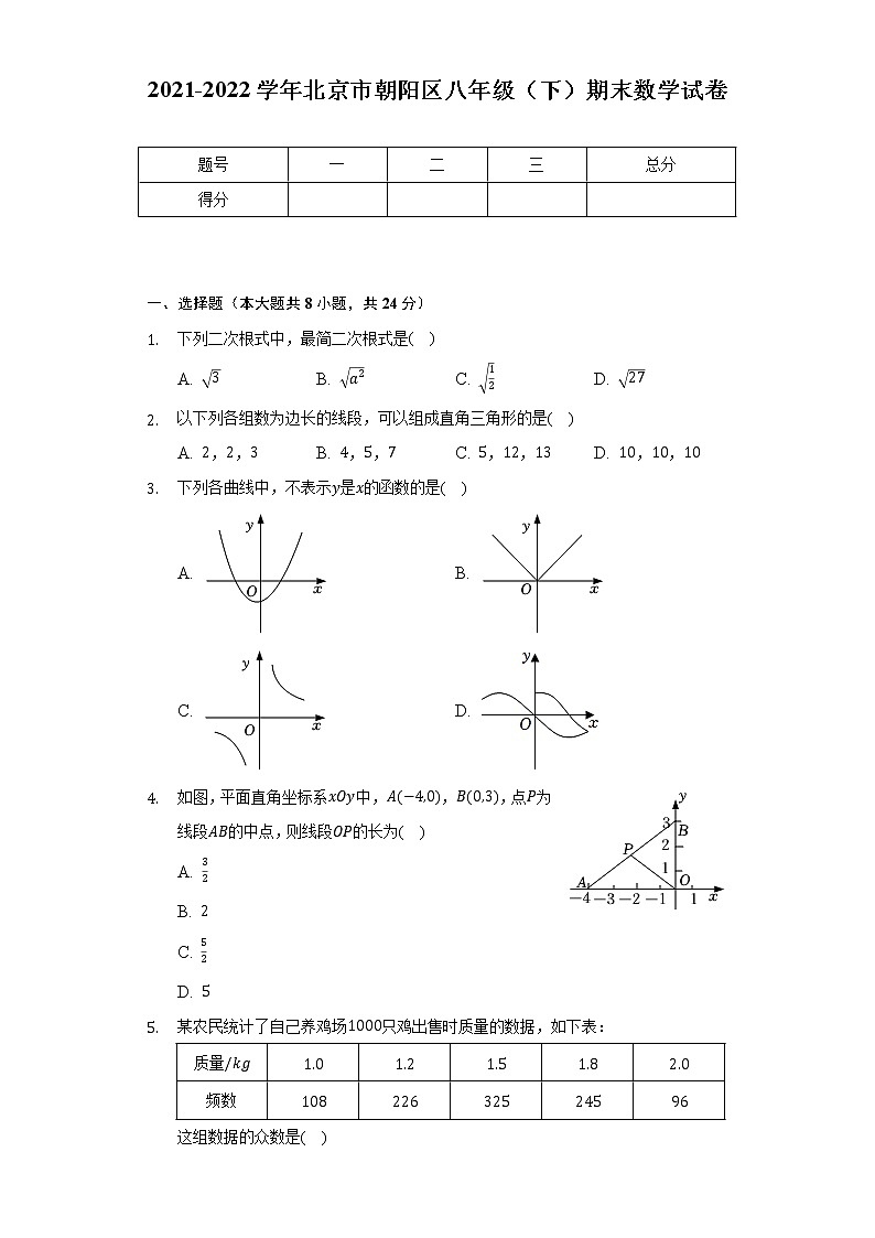 2021-2022学年北京市朝阳区八年级（下）期末数学试卷（Word解析版）第1页