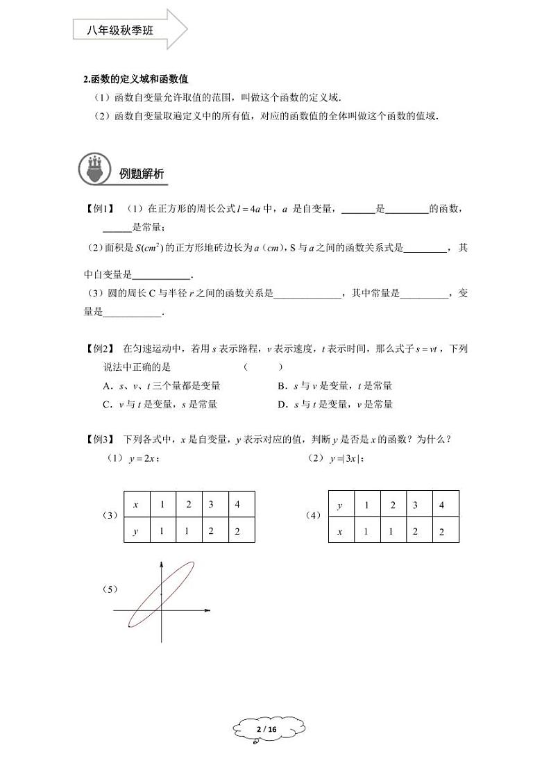 上教版八年级数学(上)暑假讲义 第7讲--函数的概念及表示法第2页