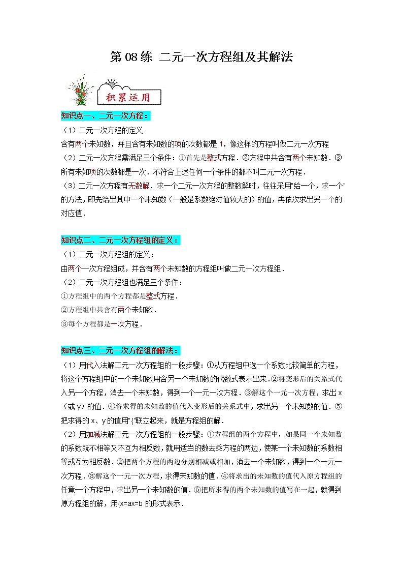 【暑假分层作业】第08练 二元一次方程组及其解法-2022年七年级数学（人教版）（答案及解析）第1页