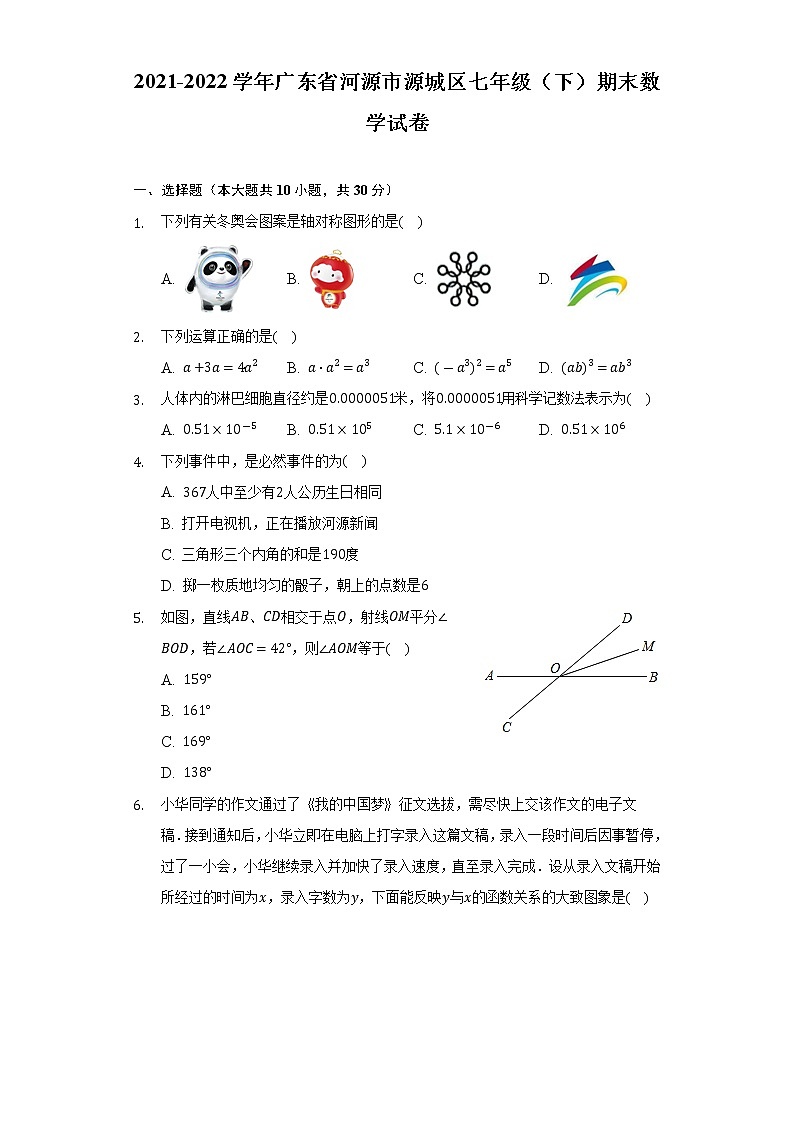2021-2022学年广东省河源市源城区七年级（下）期末数学试卷（Word解析版）第1页