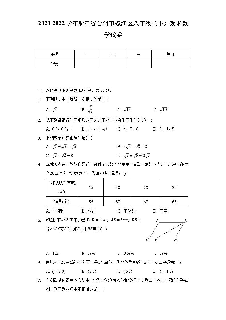 2021-2022学年浙江省台州市椒江区八年级（下）期末数学试卷（Word解析版）第1页